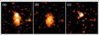 Fig. 1: The GRB host galaxy and the afterglow detected with Subaru Telescope. (a) About 9 hours after the burst. (b) About 34 hours after the burst. (c) the afterglow, i.e., (a)-(c).